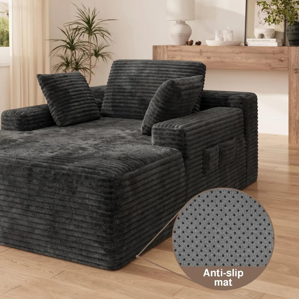 67-Inch Gray Corduroy Chaise Lounge with 3 Pillows