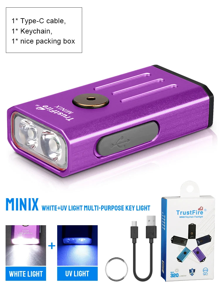 TrustFire MINIX – 320 Lumen Dual-Source Keychain EDC Flashlight, White + UV/Red, Type-C, IP66, Memory Mode