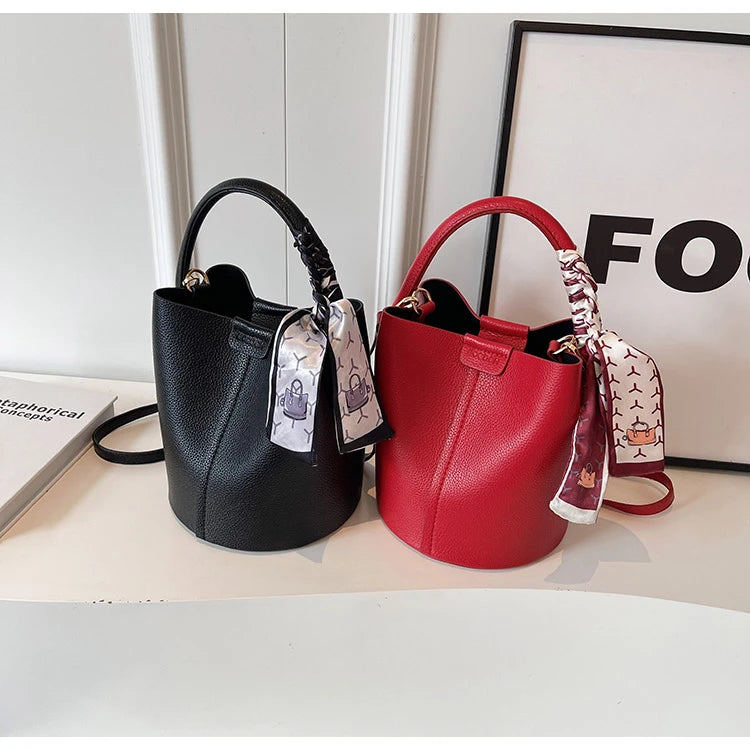 Fashion Simple PU Leather Bucket Shoulder Bag – Luxury Commuter Handbag for Women