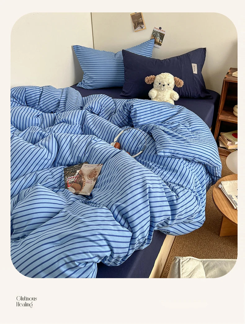 Stripe Print Washed Polyester Bedding Set – 3 or 4-Piece Duvet Cover with Sheet & Pillowcases, 6 Colors