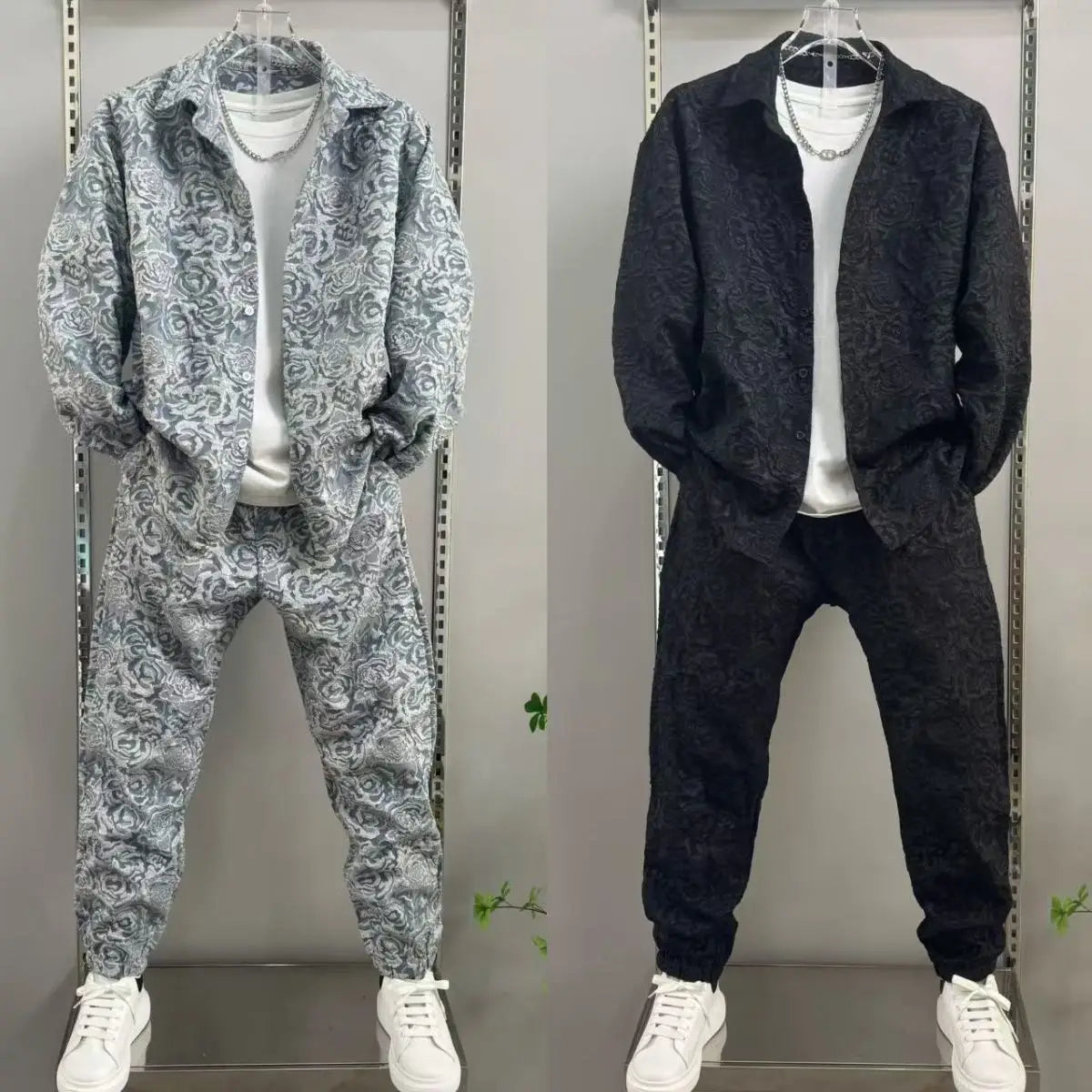 Men's Sporty Lapel Jacquard Long Sleeve Shirt & Pants 2-Piece Set – Spring Autumn Fashion