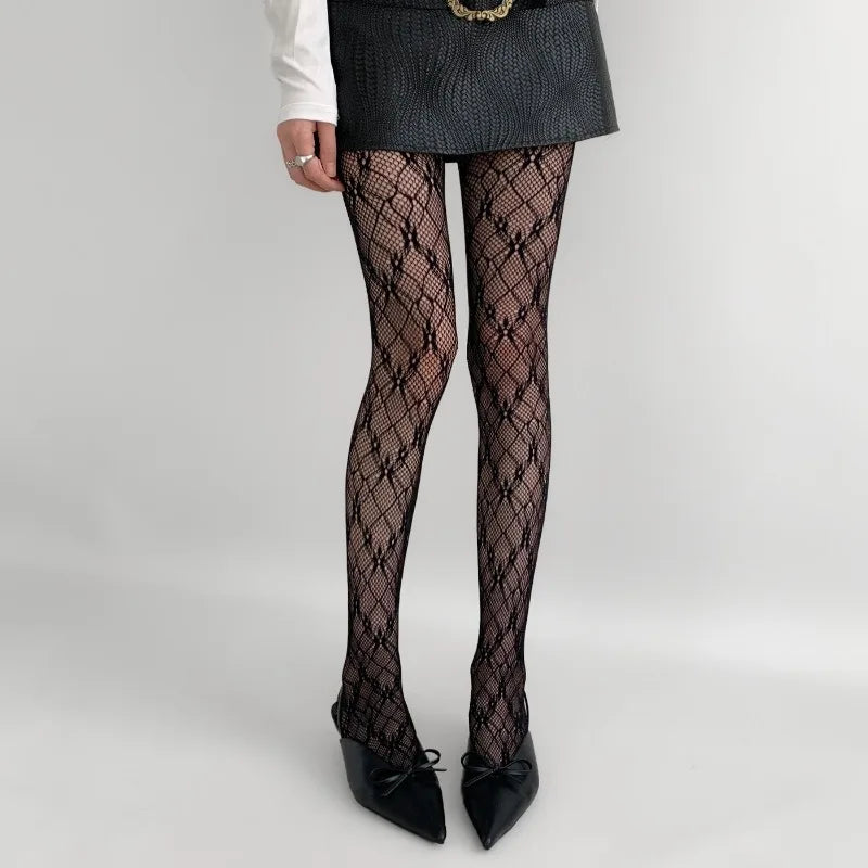 Gothic Fishnet Pantyhose – Ripped Lace Silk Stockings Y2K Punk Hollowed-Out Retro Tights