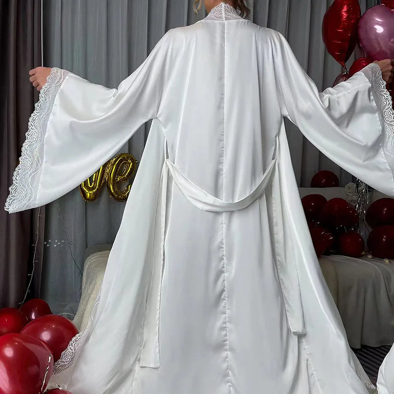 Women's Lace Patchwork Kimono Robe | Flare Sleeve Bridal Wedding Loungewear