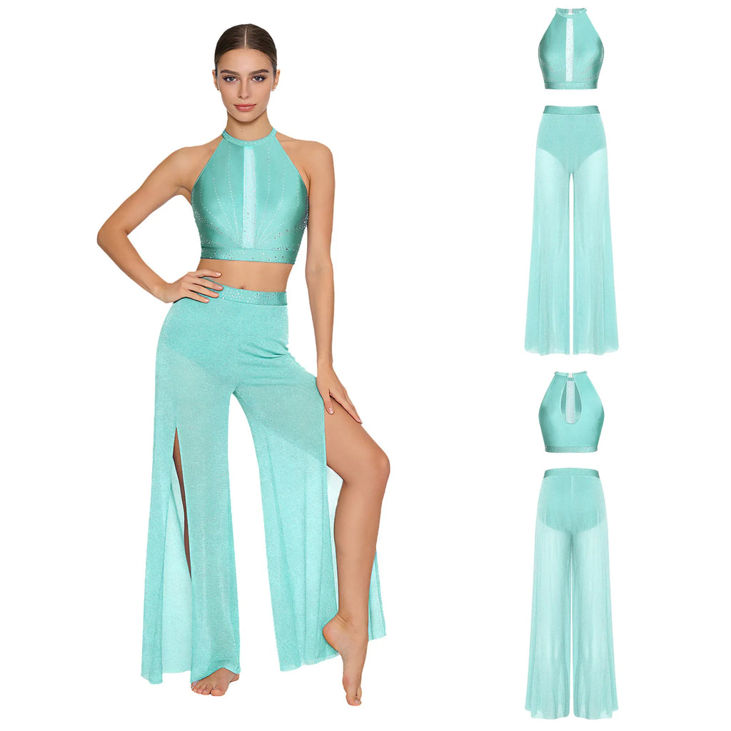 Women's Dance Performance Costume – Shiny Crop Top & Sheer Pants for Skating, Gymnastics & Ballet