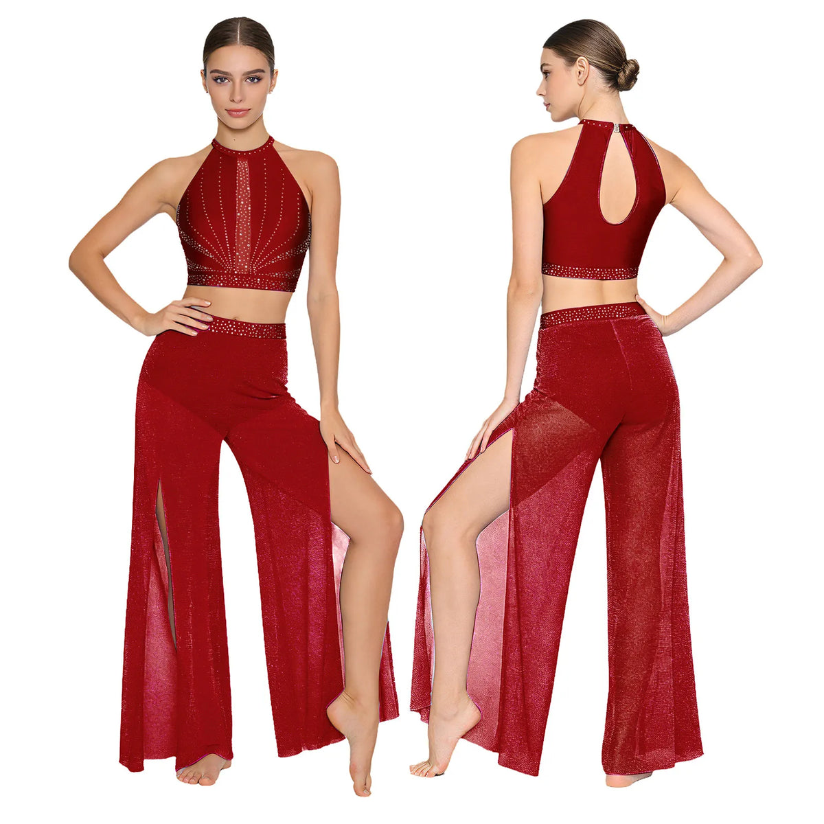 Women's Dance Performance Costume – Shiny Crop Top & Sheer Pants for Skating, Gymnastics & Ballet