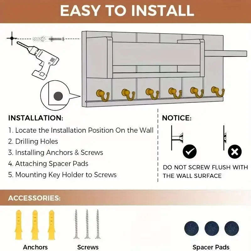 Wall-Mounted Wood Storage Rack with 7 Hooks — Mail, Keys, Glasses & Entryway Organizer