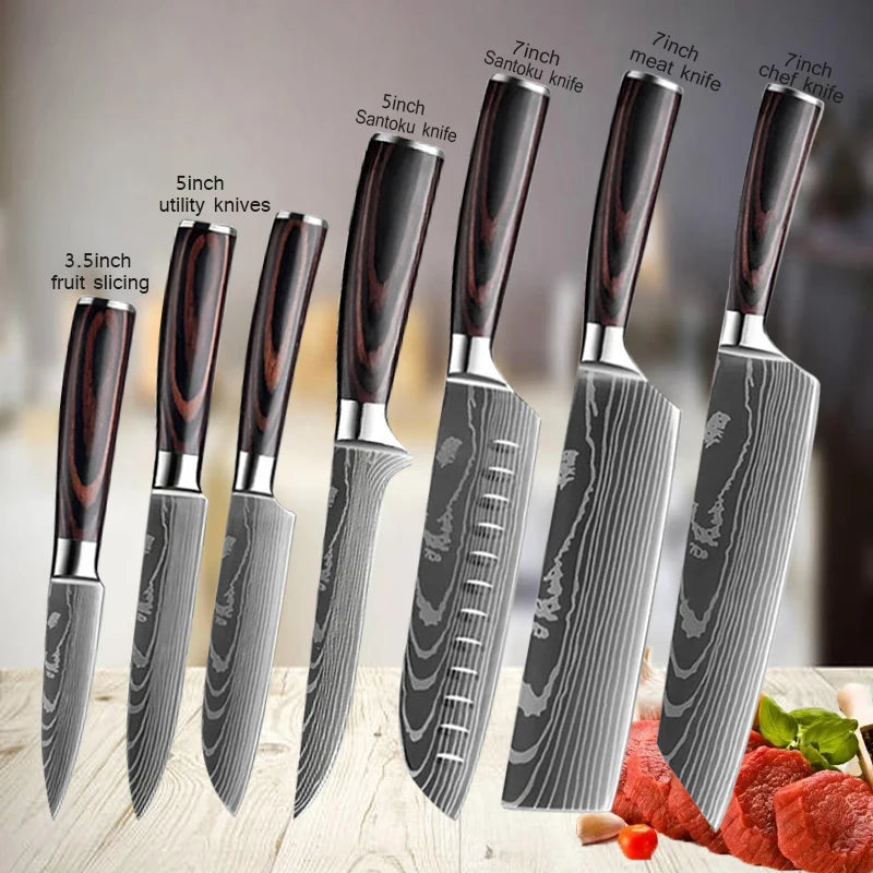 Damascus Kitchen Knife Set — Japanese Santoku, Cleaver, Slicing & Boning Knives