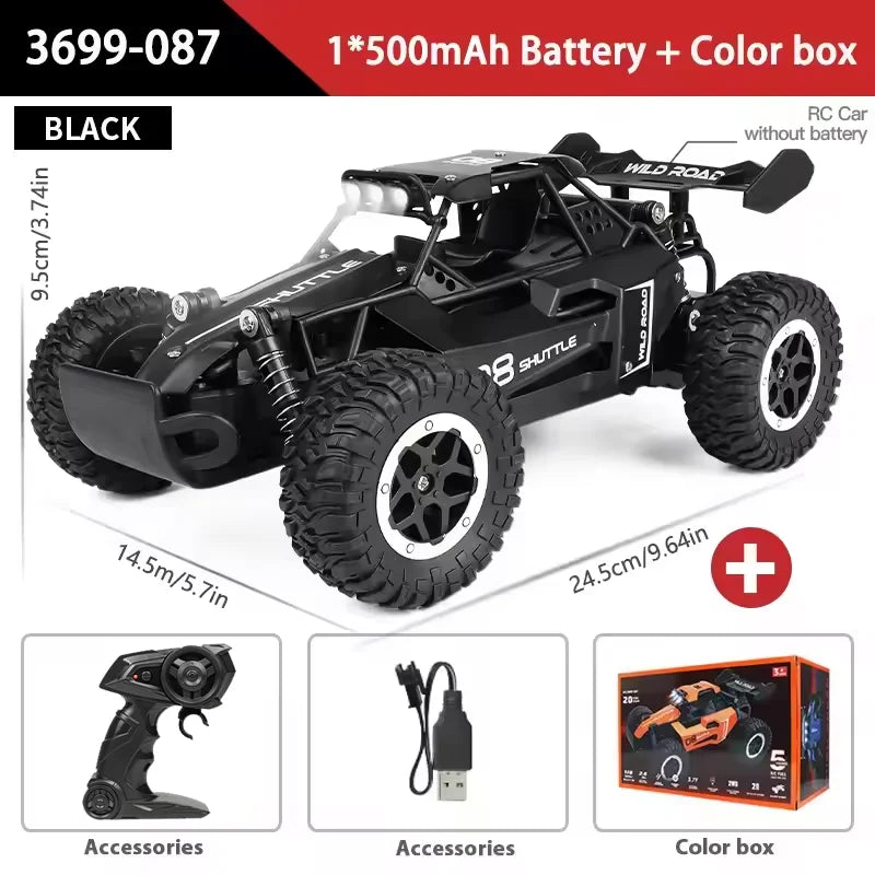 Black 1/12 scale remote control off-road RC truck with 500mAh battery and color box included, shown with remote control, USB charging cable, and product packaging on a white background.