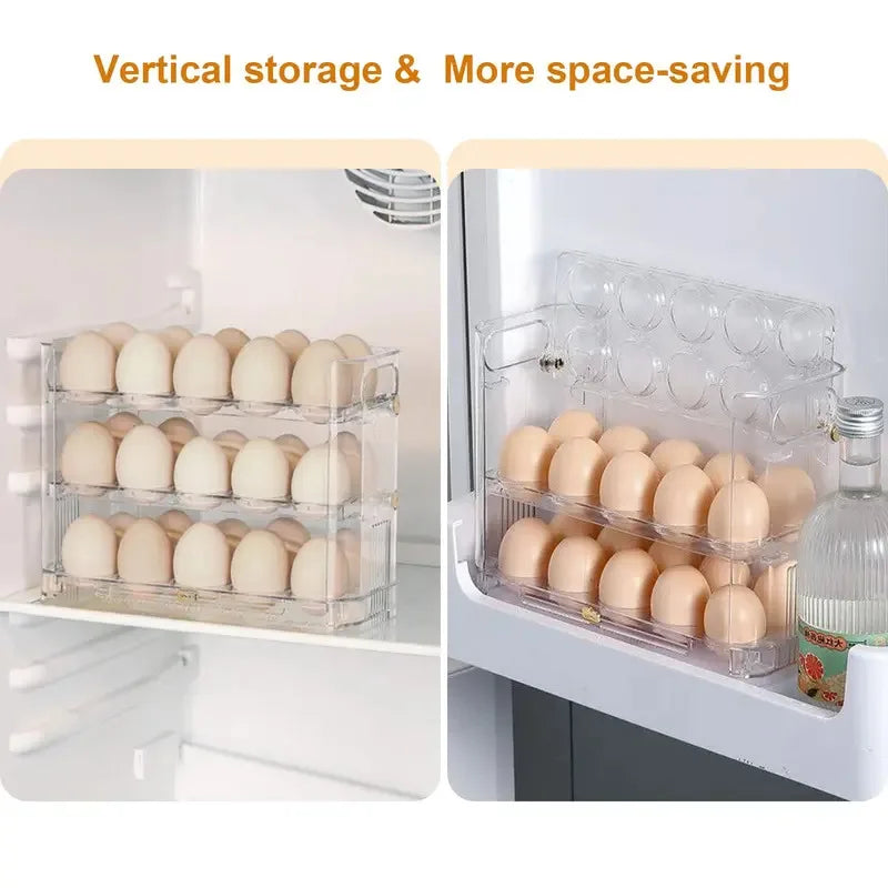 3-Layer Flip Egg Storage Box for Refrigerator – Holds 30 Eggs, Space-Saving Fridge Door Organizer