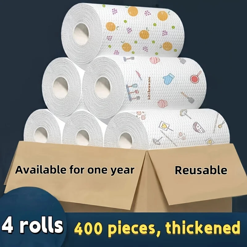 Wipe. Rinse. Reuse. — Absorbent Thickened Kitchen Dishcloth Roll | 50/100pcs, Dry & Wet Use, Non-Greasy, Cartoon Pattern, Wood Pulp Fiber
