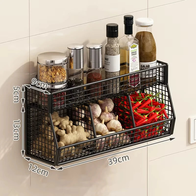 Screwless Wall-Mounted 3-Compartment Kitchen Storage Rack – Multi-Use Iron Organizer for Kitchen & Home