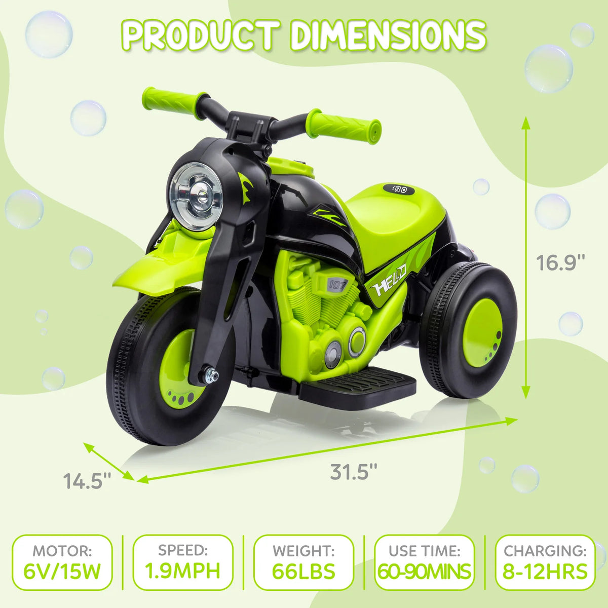 6V Kids Electric Motorcycle With Automatic Bubble Machine, Toddler Ride On Motorbike With Foot Pedal, Headlight, Music, Horn, 3 Wheels