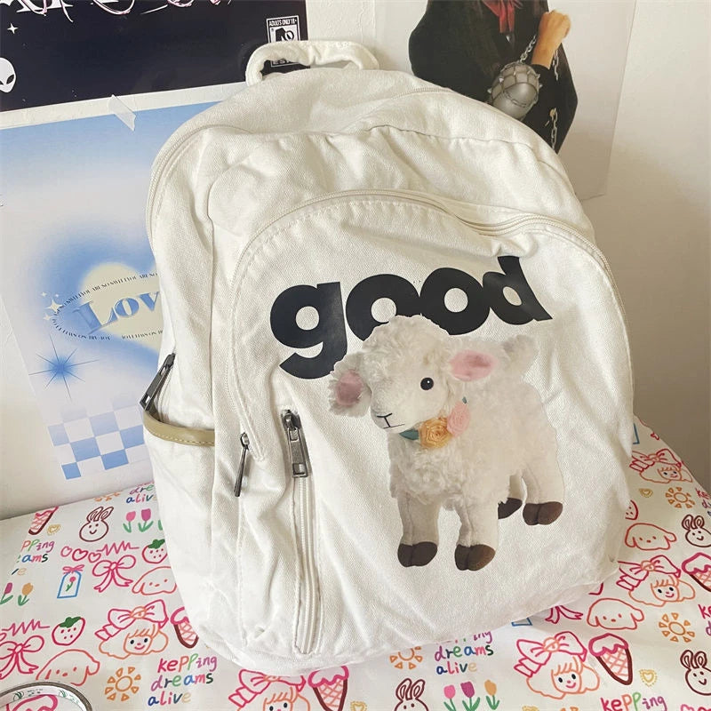 Y2K Aesthetic Cute Sheep Canvas Backpack – Japanese Cartoon School Bag for Women