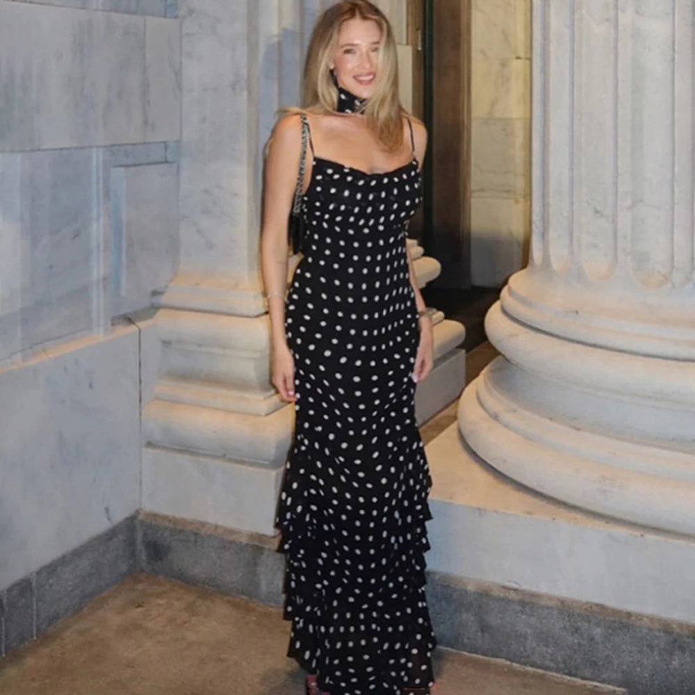 Elegant Polka Dot Halter Pleated Maxi Dress – Ruffle Sleeveless Evening & Party Dress