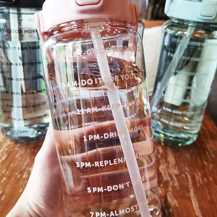 2-Liter Motivational Sports Water Bottle with Straw & Time Markers – BPA-Free PC, Wide Mouth, One-Click Lid, CE Certified