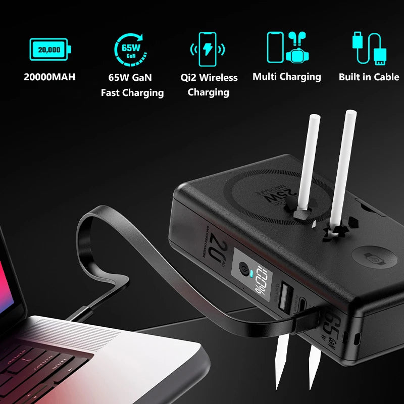 65W GaN 6-in-1 Power Bank with Qi2.2 25W Magnetic Wireless Charging for iPhone, Apple Watch & Laptop