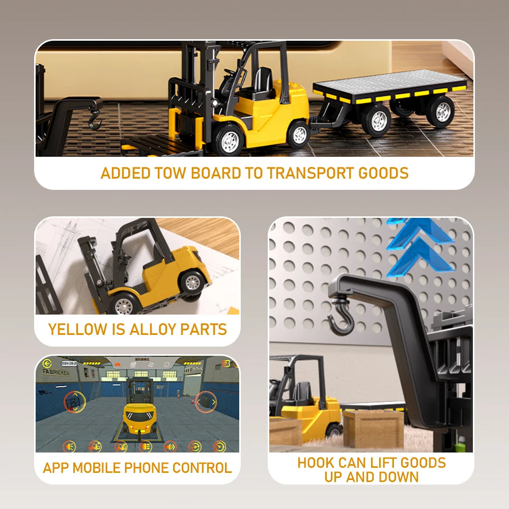 1:64 Scale Bluetooth RC Crane & Forklift 2-in-1 Desktop Mini Alloy Toy Car with Trailer