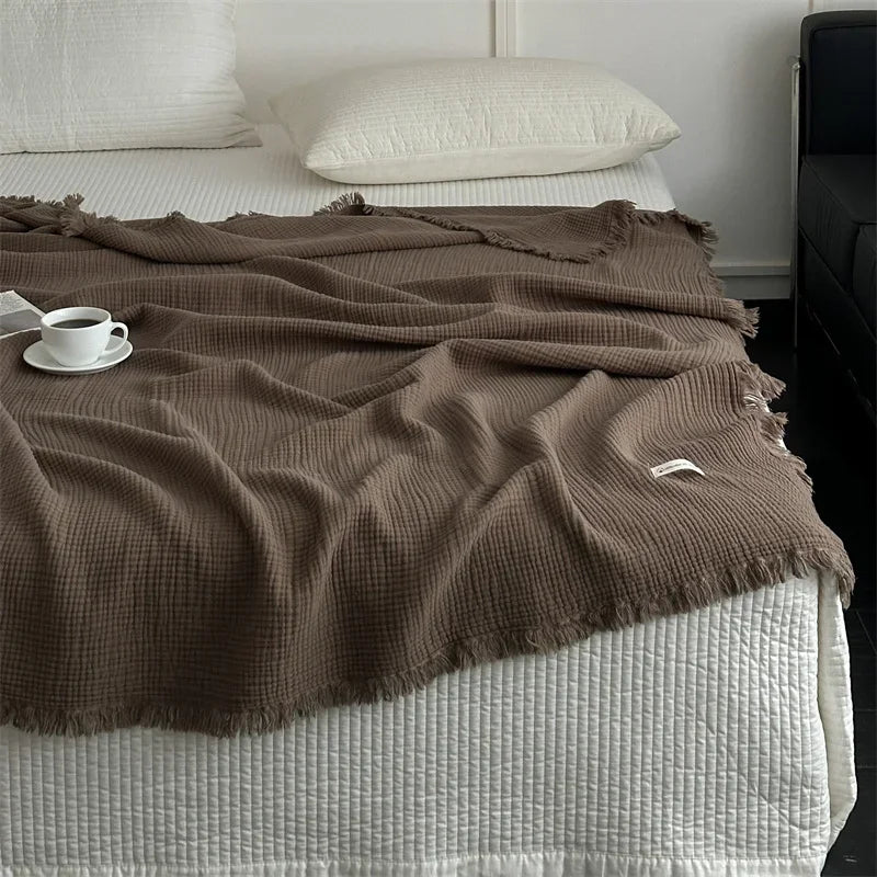 100% Cotton Tassel Blanket – Skin-Friendly Plaid Sofa Throw & Bed Shawl, Solid Color