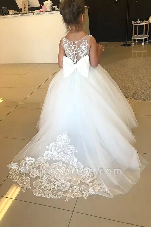 Long Sleeve Flower Girl Dress — White Lace Tulle First Communion & Bridesmaid Dress