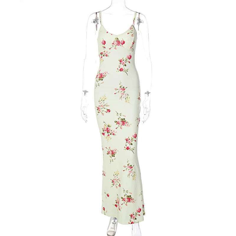 Sexy Y2K Floral Print Sleeveless Backless Bodycon Maxi Dress – Club Birthday & Party Dress