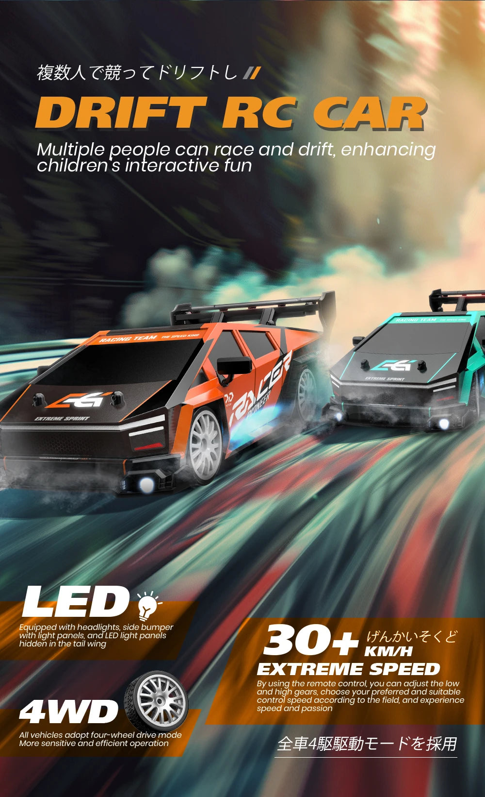 1:24 Scale 4WD RC Drift Car – 20KM/H High Speed LED Racing Vehicle
