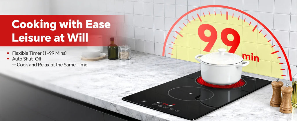 2-Zone Ceramic Hob – 3000W, Child Lock, 9 Heat Levels, 1-99 Min Timer, 60cm Black Glass (CE Certified)
