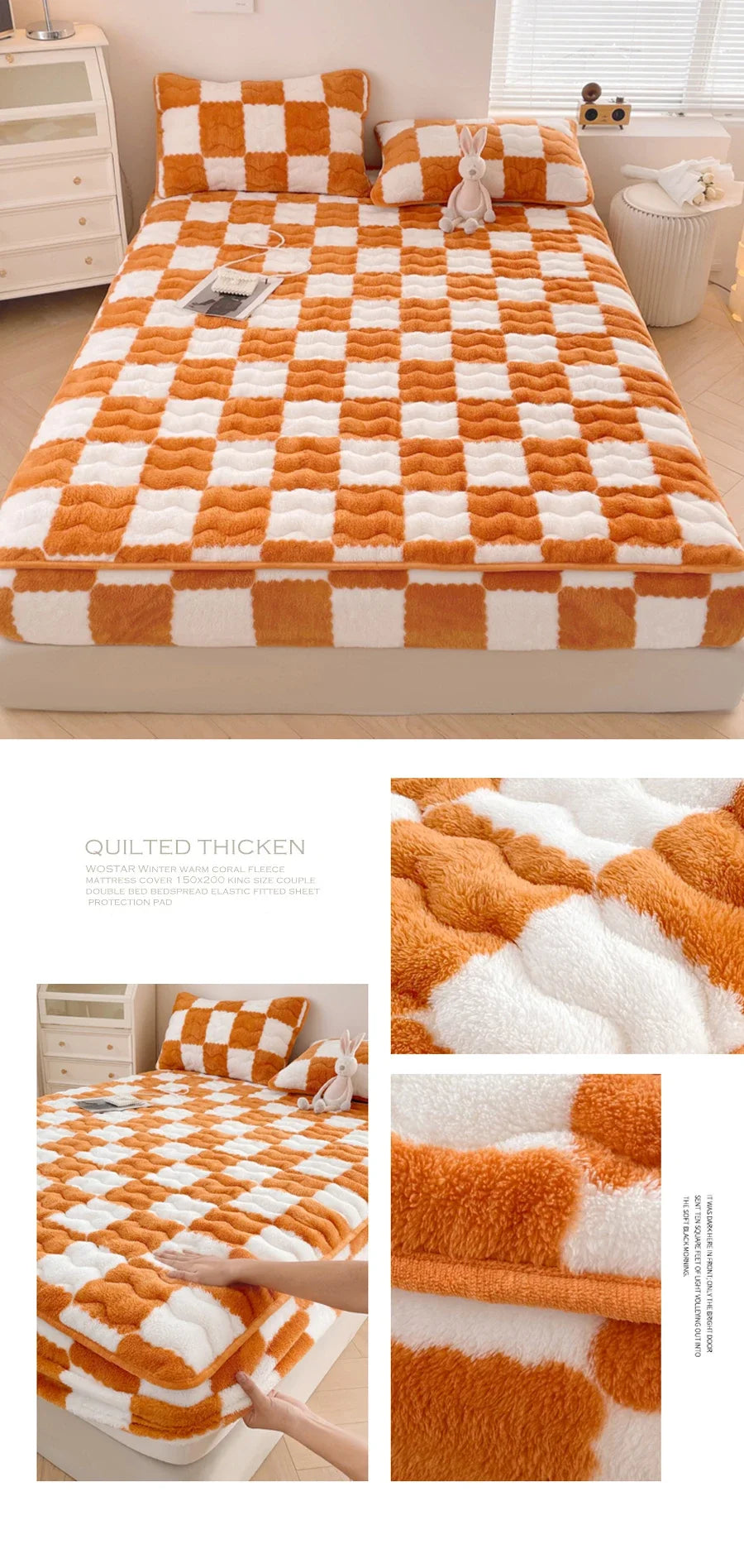 WASART Plush Warm Mattress Protector – Black & White Plaid Elastic Fitted Bed Pad