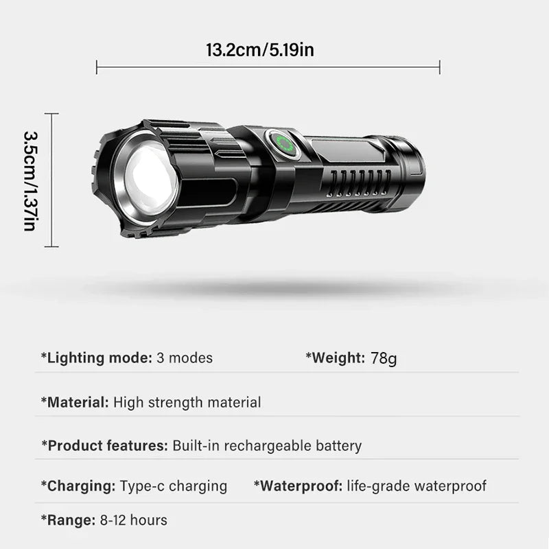 Zoomable LED Flashlight – USB-C Rechargeable, 3 Modes, Waterproof, 8–12hr Runtime for Camping & Hunting