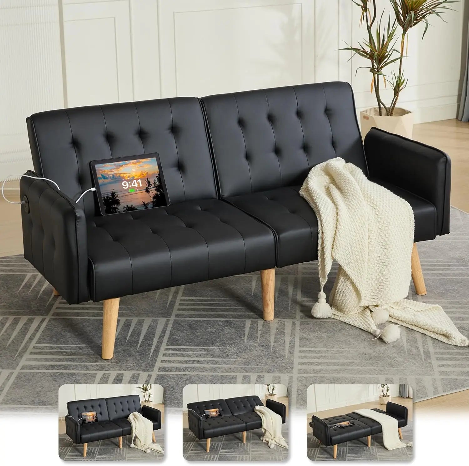 Sofa, Bed & Charging Station in One — TYBOATLE 65" Futon Sofa Bed | 2 USB Ports, Tufted Linen, Adjustable Loveseat for Small Spaces