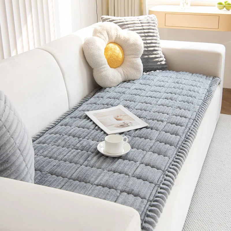 Quilted Stripe Flannel Sofa Pad – Thickened Winter Sofa Cover, Slipcover & Multiuse Sofa Towel