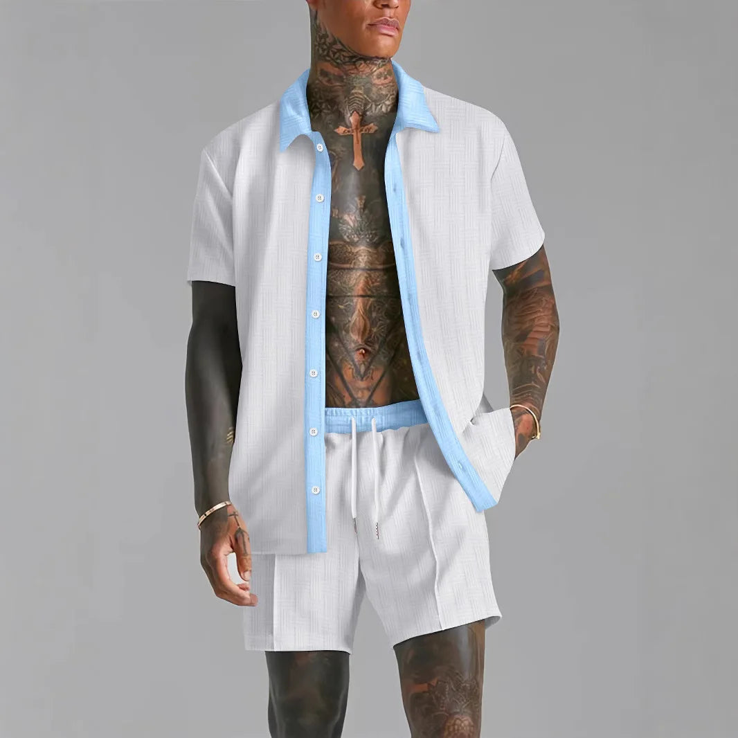 Men's Patchwork Transparent Lapel Shirt & Shorts Set – 2-Piece Summer Streetwear