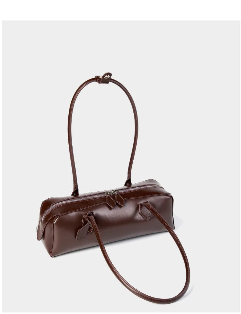 Vintage Genuine Leather Baguette Shoulder Bag – Korean Luxury Underarm Handbag for Women