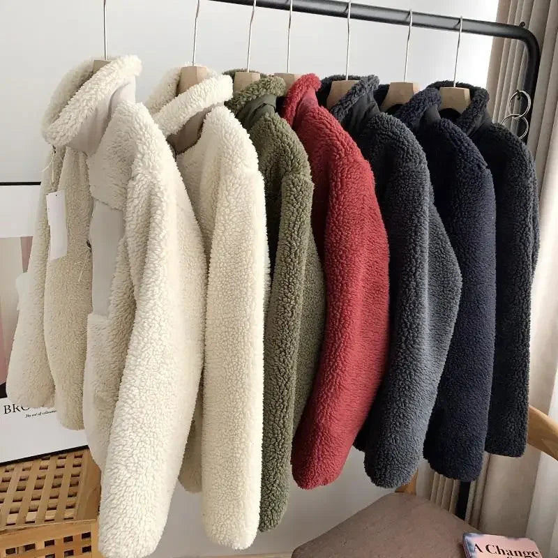 Japanese Fleece Zip Jacket – Unisex Loose Warm Lamb Wool Coat for Couples