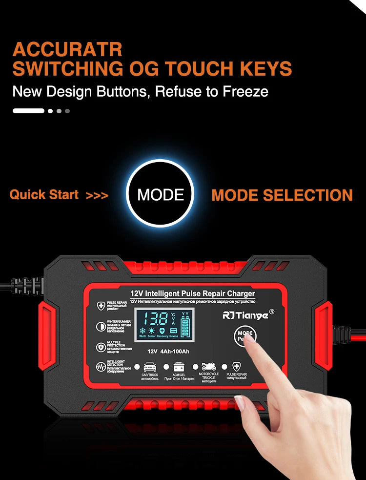 12V 6A Smart Car Battery Charger — LCD Touch Screen Pulse Repair for AGM, GEL & Lead Acid Batteries