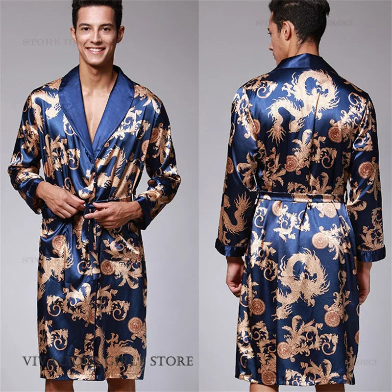 Men's Dragon Print Kimono Bathrobe — Plus Size Satin Robe