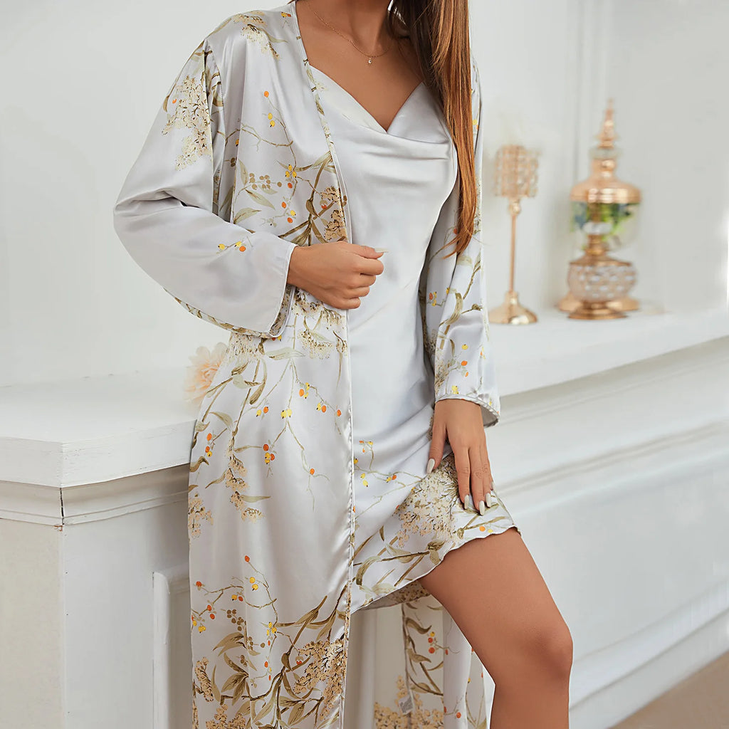 Women's Four-Season Lace Up Pajama Dress Set | 2-Piece Thin Outerwear Medium Length
