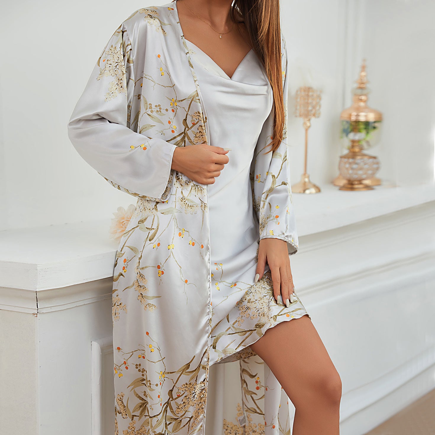 Women's Four-Season Lace Up Pajama Dress Set | 2-Piece Thin Outerwear Medium Length