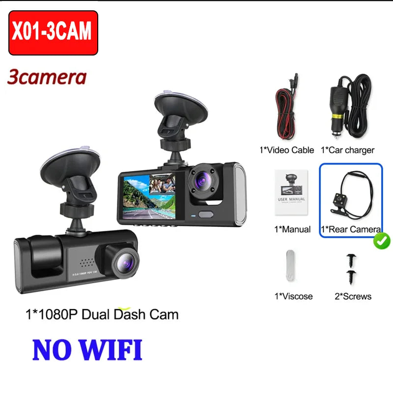 1080P 2/3-Lens WiFi Dash Cam – Front, Rear & Interior, Night Vision, G-Sensor, Loop Recording