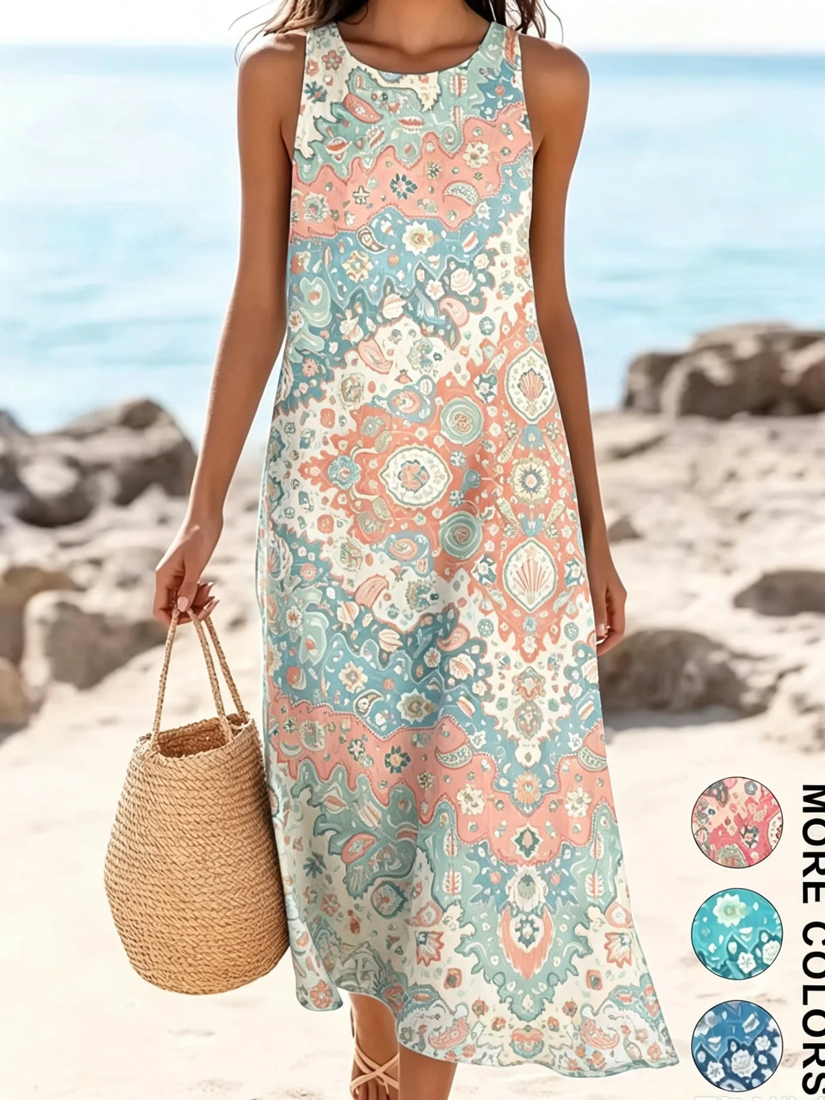 Women's Bohemian Floral Sleeveless MIDI Sundress with Pockets – Loose Sweetheart Beach Dress 2026