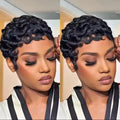 Women's Human Hair Pixie Cut Wig full machine made - Short Layered Curly with Bangs, Natural Black 250% Density