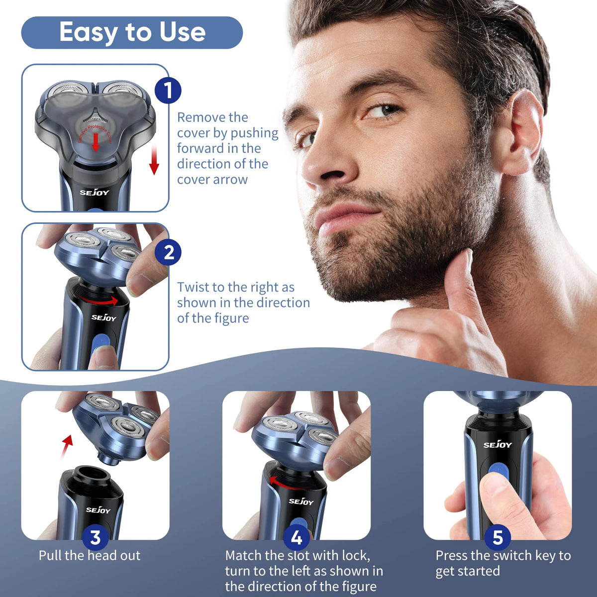 SEJOY 5-in-1 Rotary Electric Shaver for Men – IPX7 Waterproof, 90-Min Runtime, USB Fast Charge