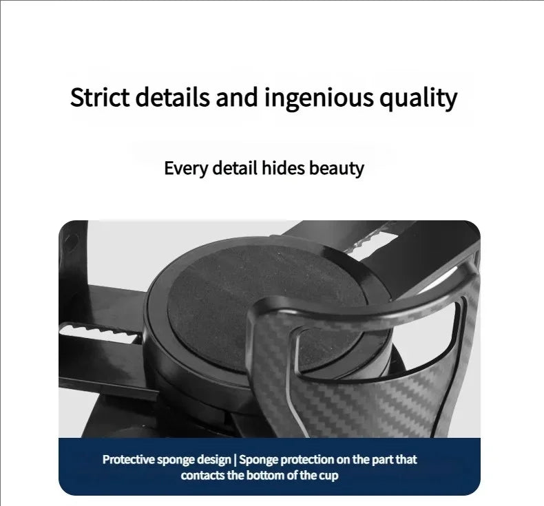 Close-up product detail shot of a black cup holder or phone stand with a textured circular pad and a carbon-fiber-look frame, shown on a white background with marketing text above and a blue caption strip below.