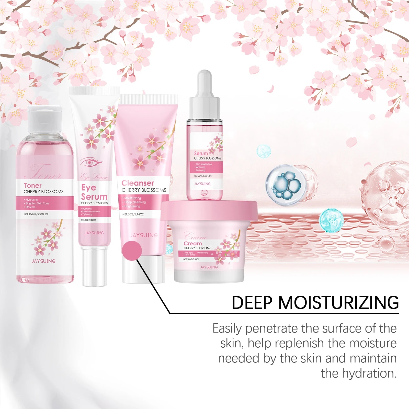Sakura Skincare Set – Cherry Blossom Face Cream, Serum, Toner, Cleanser & Eye Cream for Women