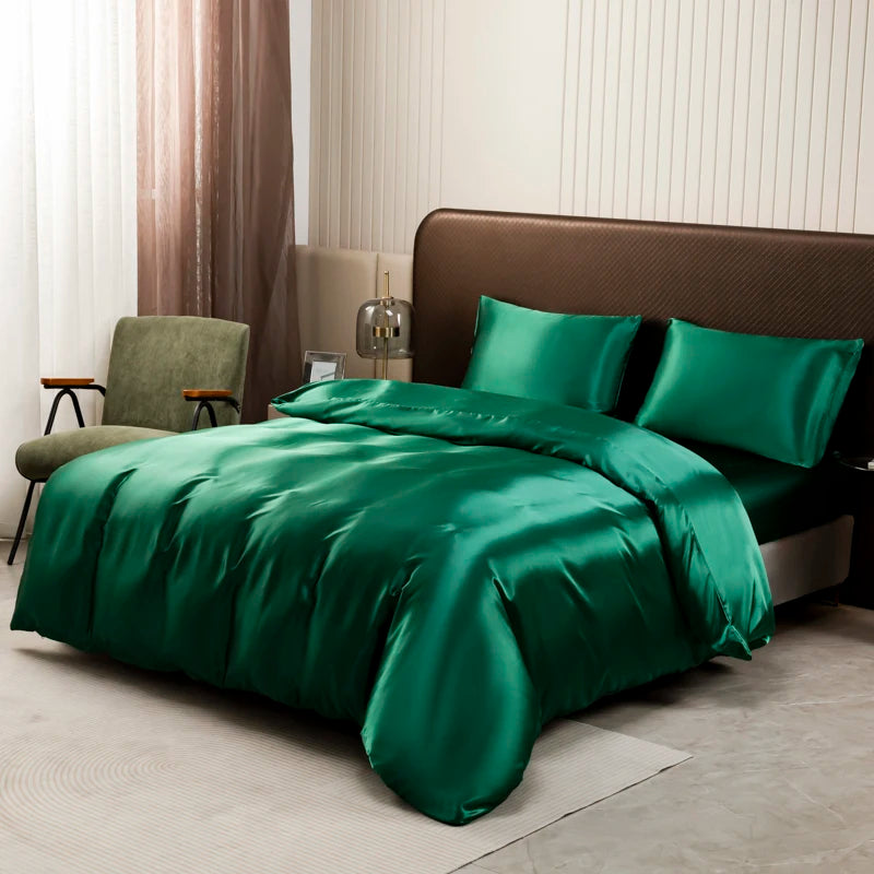 Luxury Ice Silk Satin Bedding Set – Solid Color Duvet Cover with Pillowcases, Queen & King