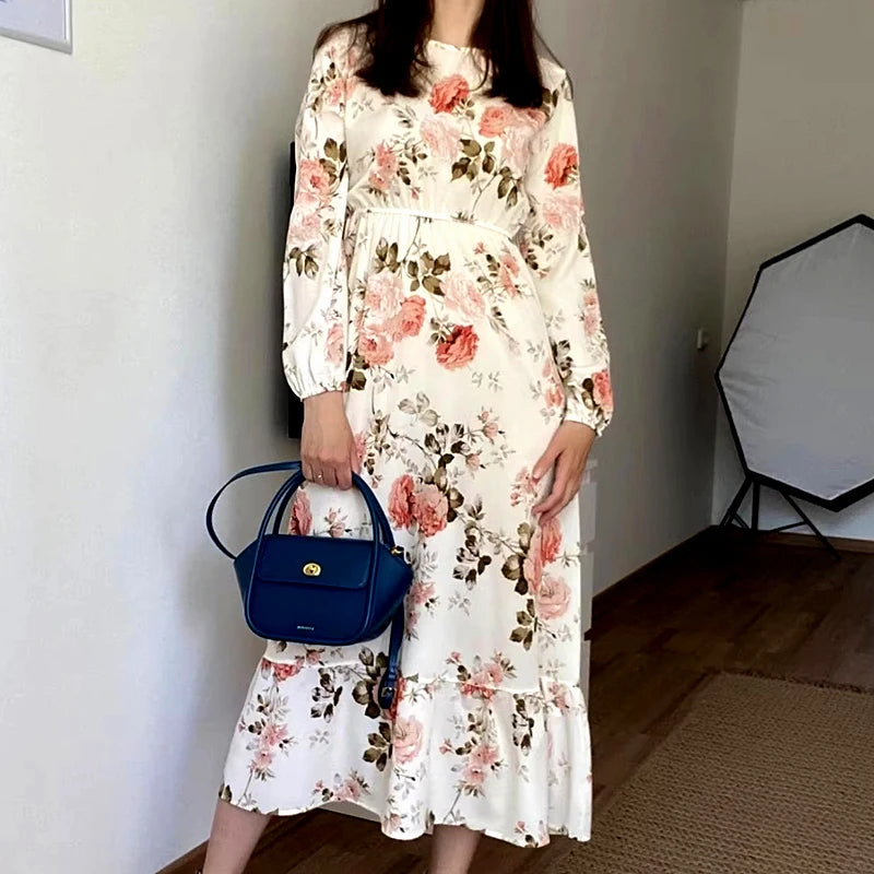 Women Long Dresses Spring Summer Casual Full Sleeve Floral geometry Printed O neck Woman Bohe Beach Party Dress Mujer Vestidos