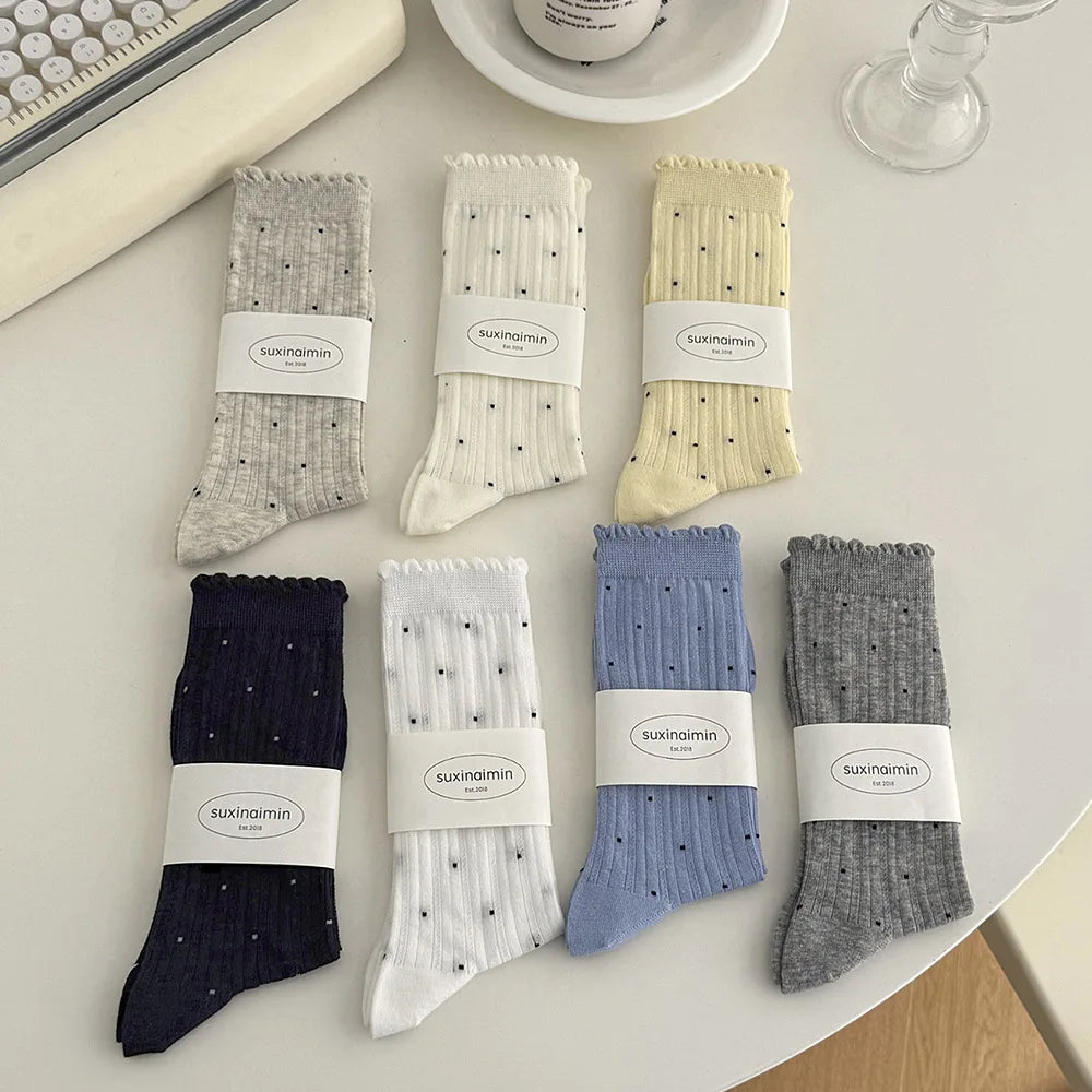 Women's Polka-Dot Crew Socks – Thin Cotton Blend