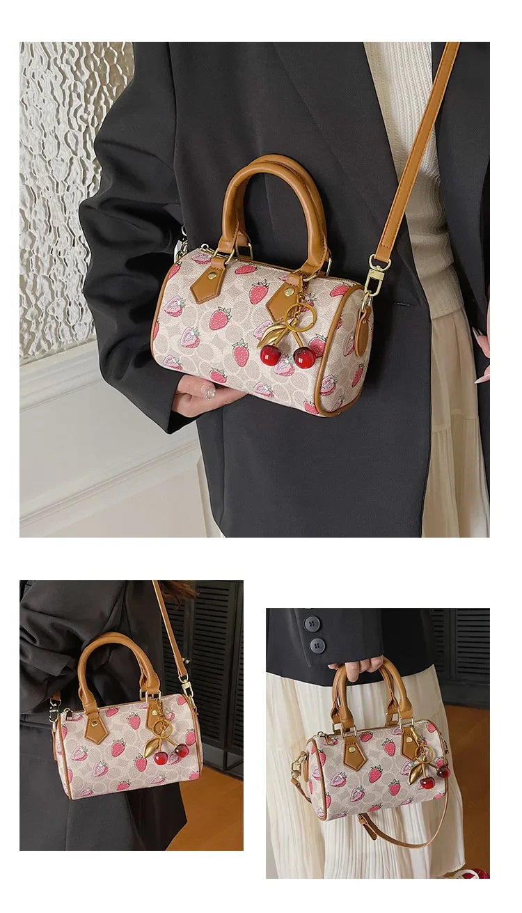 Cherry Print PU Leather Boston Crossbody Shoulder Bag – Luxury Designer Handbag for Women