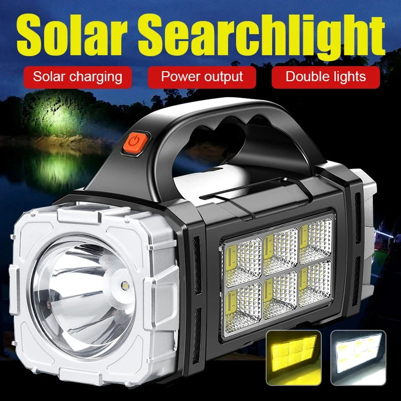 USB + Solar Rechargeable COB LED Flashlight – Powerful Outdoor Camping Torch & Portable Power Bank Searchlight