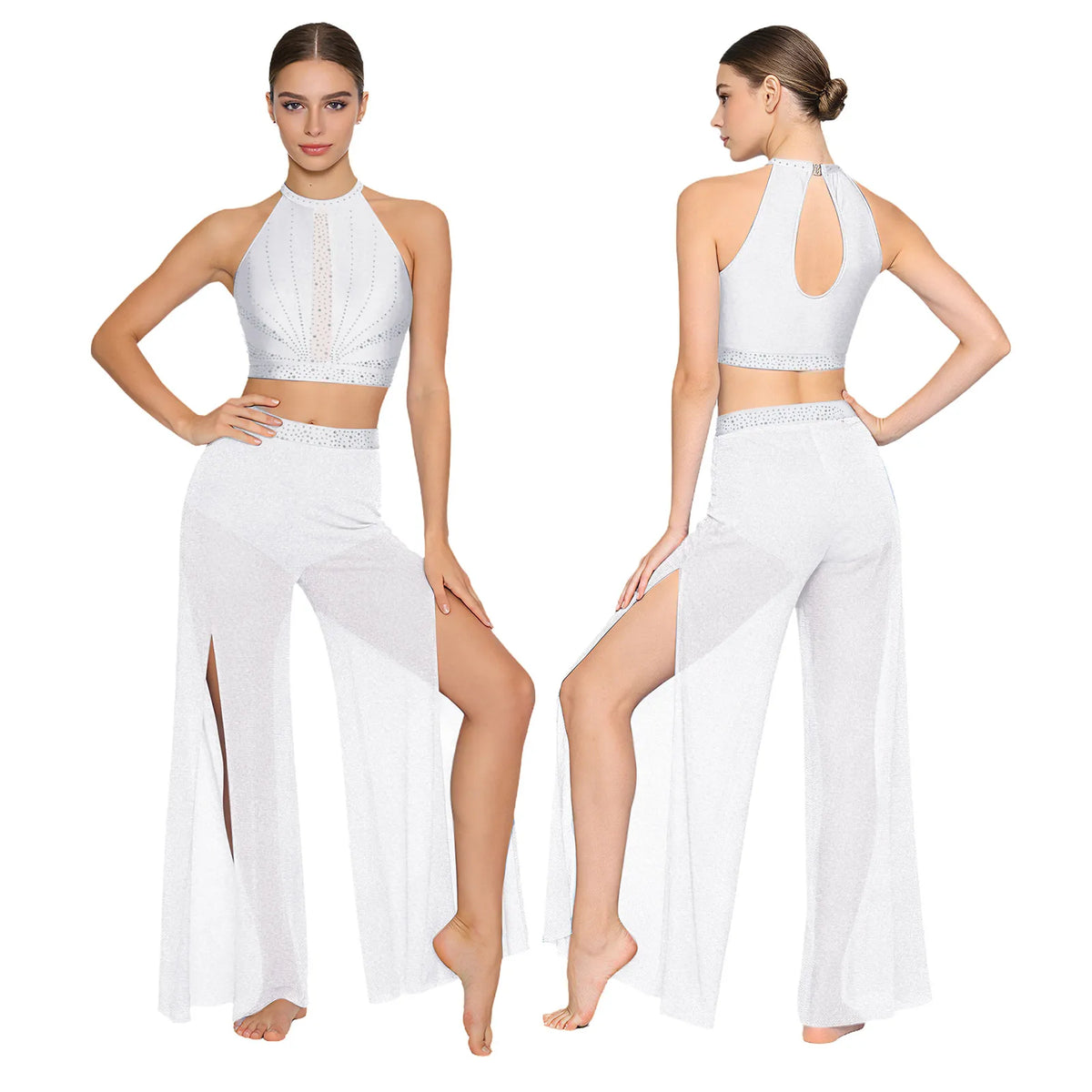 Women's Dance Performance Costume – Shiny Crop Top & Sheer Pants for Skating, Gymnastics & Ballet