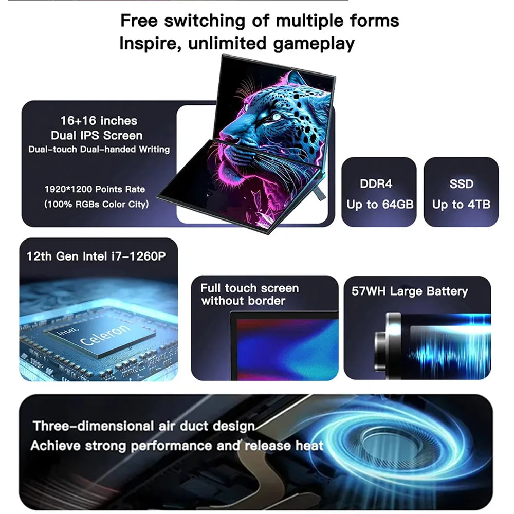 GLF-S1 16"+16" Dual-Screen Laptop – Intel 12th Gen, Up to 32GB DDR4, 2TB SSD, Dual Touch, Windows 11